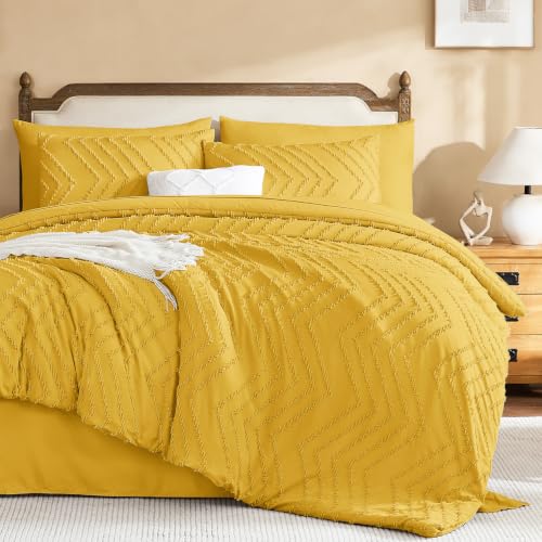 Litanika Queen Comforter Set with Sheets, 7 Pieces Boho Bed in a Bag - Mustard Yellow Fluffy Lightweight Neutral Soft Warm Chevron Tufted Textured Bed Set