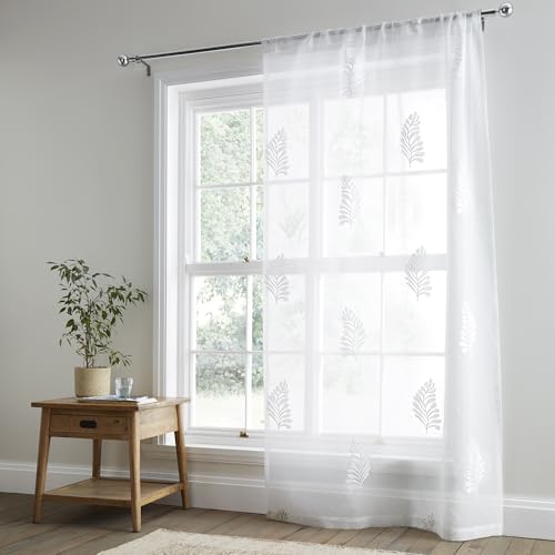 "Appletree Heritage - Leaf Embroidery - Slot Top Voile Panel - 55"" Width x 90"" Drop (140 x 228 cm) in White"