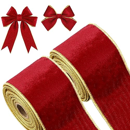 2 Rolls 2.5 Inch 10 Yards Christmas Velvet Ribbon Single Face Christmas Plain Velvet Ribbon for Gift Wrapping Crafts Xmas Wreath Tree Decor(Wine Red)