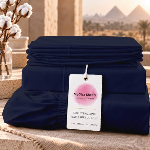 MyGiza Sheets, 100% Certified Giza Egyptian Cotton Bed Sheets Set - King Size Giza Cotton Bed Sheets to Fit Upto 18 Inches Deep Mattress (4 Pcs) Indigo