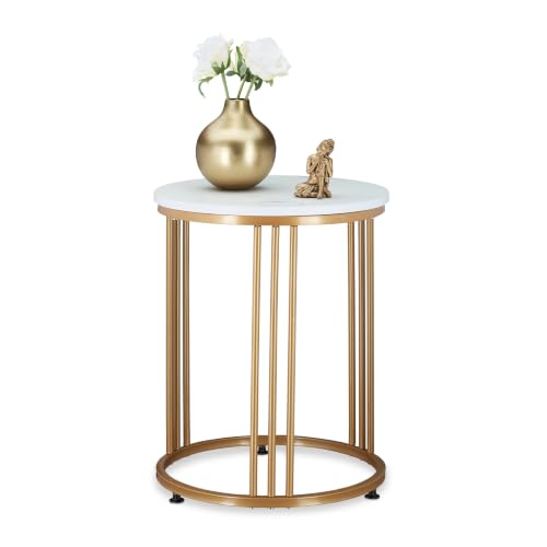 Relaxdays Side Table, Round, Marble Optic, H x W x D: 51 x 41 x 41 cm, White/Gold