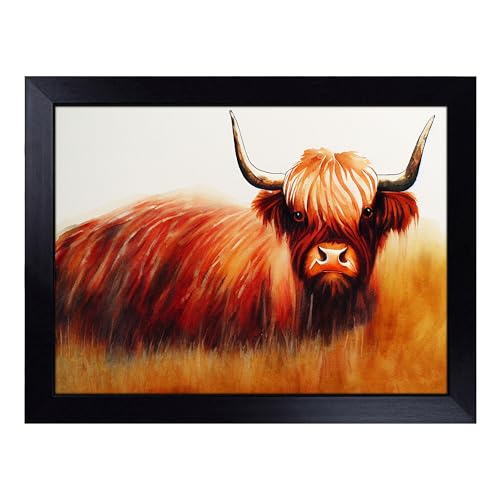 Lap Tray with Bean Bag Cushion, Highland Cow Watercolour - Handmade in the UK, Raised Wooden Edge, Padded Cushion, Heat-Resistant Wipe-Clean Surface, for Meals, Laptops and Crafts