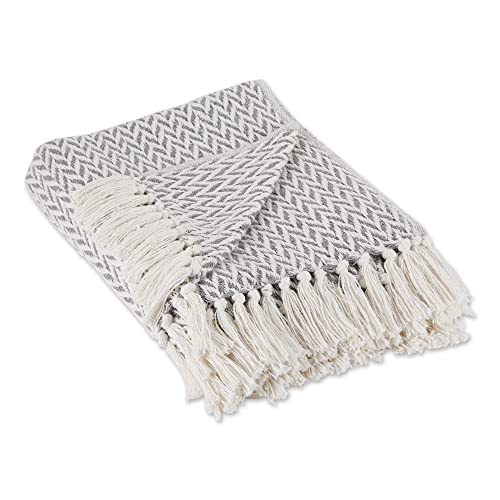 "DII Modern Zig Zag Throw Blanket Woven Cotton, Hand-Knotted 2.5"" Fringe, 50x60, Gray"