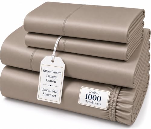"Hotel Collection 100% Cotton Queen Sheet Set - 1000 Thread Count, Softer Than Egyptian Cotton, Cooling, 17"" Deep Pocket - Taupe"