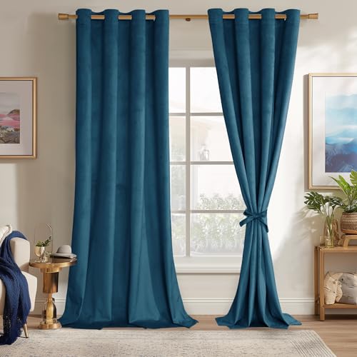 JIUZHEN Navy Velvet Curtains 108 inches Blackout Curtains for Living Room - Thermal Insualted Room Darkening Grommet Thick Velvet Window Drapes for Bedroom, Set of 2 with Tiebacks, 52W x 108L