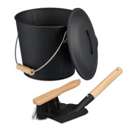 Relaxdays Ash Bucket with Lid & Sweeping Set, 4.5 Litres, Shovel & Broom, Fireplace Bin, Container with Handle, Black, Iron