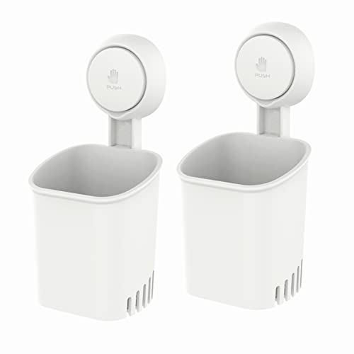 LEVERLOC Toothbrush Holder Wall Mounted 2pcs, Strong Suction, Light White - Wall Mounted, Shower Toothbrush and Toothpaste Holder, Drill-Free 1S Installtion, Removable, Self-draining Bathroom Organizer