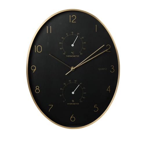 WELL HOME MOBILIARIO & DECORACIÓN Well Home Modern Wall Clock with Thermometer and Hygrometer, Gold Trim, 34.5 x 27.1 cm, Black, Golden, 34,5x27,1x4,2 cm