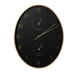 WELL HOME MOBILIARIO & DECORACIÓN Well Home Modern Wall Clock with Thermometer and Hygrometer, Gold Trim, 34.5 x 27.1 cm, Black, Golden, 34,5x27,1x4,2 cm