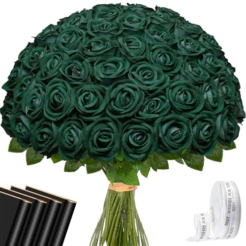 Waipfaru 50 Pcs Green Roses, Fake Roses Artificial Velet Flowers for Valentines Mothers Day Wedding Centerpieces Decor (Emerald Green)