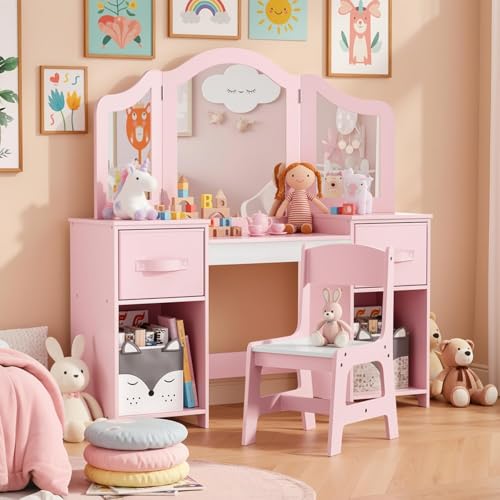 Clevich Kids Vanity Table and Chair Set, 2-in-1 Girls Vanity Set with Removable Mirror & Stool, Princess Toddle Makeup Table with Storage Box, Wooden Desk for Kids (Pink and White) by Amazon | Clevich Kids Vanity Table and Chair Set, 2-in-1 Girls Vanity Set with Removable Mirror & Stool, Princess Toddle Makeup Table with Storage Box, Wooden Desk for Kids (Pink and White) by Amazon |