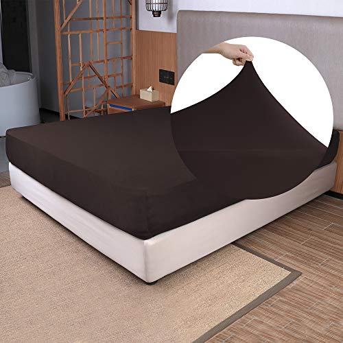 "Queen Size Fitted Sheet Only - 4-Way Stretch Jersey Knit, T-Shirt Feeling & Ultra Soft, Wrinkle Free, Non-Slip & Snug Fit for Mattress (Deep: 5""-16"") - Brown, Queen"