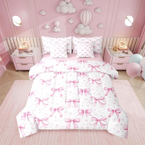 Erosebridal Starry Cute Pink White Bow Girls Full Comforter Set 7 Pieces - Kawaii Bow Girly Stripe Bed in A Bag for Bedroom Ribbon Kids Women Bedding Set with Comforters Plaid Checkered Room Decor