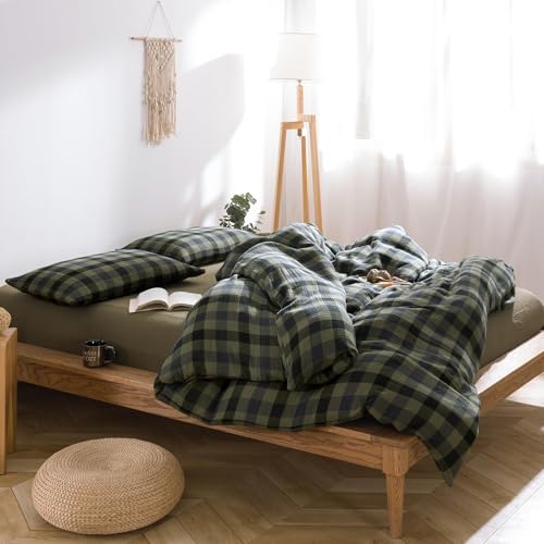 "VM VOUGEMARKET Green Navy Plaid Duvet Cover King Muslin Cotton Bedding Set Soft Breathable Linen Like Gauze Comforter Cover with Zipper Closure for Adults-3 Pieces,104""x90"""