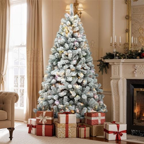 YITAHOME 182cm Artificial Christmas Tree with Snow & 250 Warm White LED Lights, 880 Tips, Realistic Pine with Easy Fold & Metal Stand, Quick Assembly for Home or Business, 182cm H x 95cm W