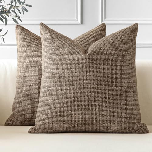 OTOSTAR Pack of 2 Throw Pillow Covers 16x16 Inch Linen Coffee Brown Pillowcases Farmhouse Decorative Solid Pillow Covers 40x40 cm Square Cushion Case for Home Decor Sofa Couch Bed (Coffee Brown)