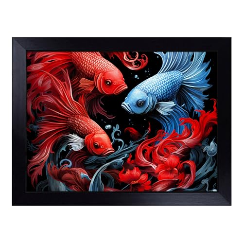 Lap Tray with Bean Bag Cushion, Siamese Fighting Fish Gothic Art - Handmade in the UK, Raised Wooden Edge, Padded Cushion, Heat-Resistant Wipe-Clean Surface, for Meals, Laptops and Crafts