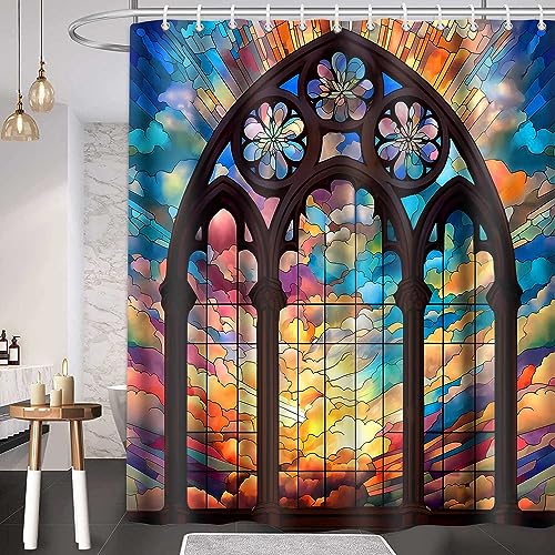 TPMDFC Stained Glass Window Shower Curtain Colorful Church Windows Bathroom Curtain Set with 12 Hooks, Abstract Art Style Bathroom Bathtubs Decor Set 72x72inch YLDWTP0172