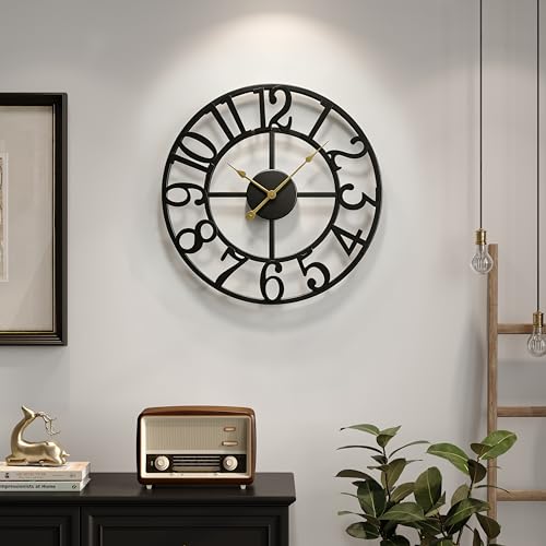 Cuspin 16 Inch Large Wall Clock, Modern Black Metal Clock for Lving Room Decor, Battery Operated Wall Clocks Round Silent Non Ticking Arabic Numerals for Bedroom, Kitchen, Dining Room, Office