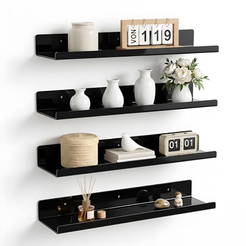 VINATO Set of 3 Acrylic Wall Shelves, 30 x 10 x 4 cm, Hanging Wall Shelves, Waterproof and Scratch Resistant for Kitchen Living Room Office Bedroom Black