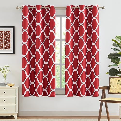 Melodieux Moroccan Printed Room Darkening Blackout Grommet Curtains for Bedroom Small Windows, 42 by 45 Inch, Red (2 Panels)
