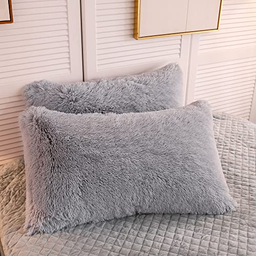 "LIFEREVO 2 Pack Shaggy Plush Faux Fur Pillow Shams Velvet Reverse,20""x36"" Fluffy Decorative Pillowcases with Zipper Closure for Couch,Sofa,Bed(Gray,King)"