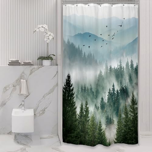 Small Stall Mountain Shower Curtain Outdoor Green Rv Single Shower Curtain - 36Wx72H Inch Rustic Foggy Misty Nature Bathroom Decor Fabric Polyester Waterproof