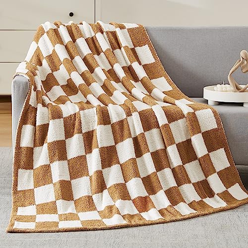 "WRENSONGE Checkered Throw Blanket, Burnt Orange Microfiber Soft Cozy Fluffy Warm Hand Made Throw Blankets for Couch, Sofa, Chair, Bed, Camping, Picnic, Travel Lightweight Bed Blanket - 60""*80"""