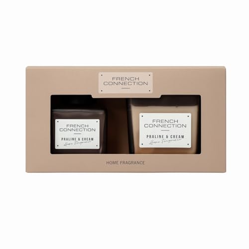 French Connection Square Range Scented Candle & Reed Diffuser Gift Set - 220g Shea Butter Wax Candle & 100ml Diffuser - Glass Jar Design - 37-Hour Burn Time - Gift Box (Praline & Cream)