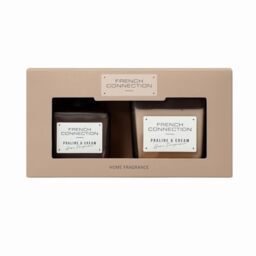 French Connection Square Range Scented Candle & Reed Diffuser Gift Set - 220g Shea Butter Wax Candle & 100ml Diffuser - Glass Jar Design - 37-Hour Burn Time - Gift Box (Praline & Cream)