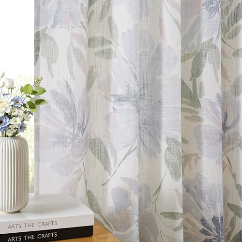 "Kayne Studio Pinch Pleated Light Filtering Curtains Floral Semi Sheer Drapes for Living Room Bedroom 84 Inches Long Blue Flower Printed Botanical Pattern Back Tab Window Treatment Set,40""x84"",2 Panels"