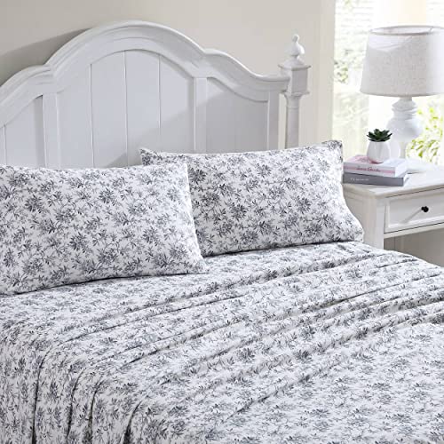 Laura Ashley Home - Full Sheets, Cotton Flannel Bedding Set, Brushed for Extra Softness & Comfort (Black Faye Toile, 4pcs, Full)