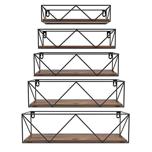 HORLIMER Wooden Shelves for Wall Set of 5, Floating Wall Shelf with Bars, Rustic Wall mounted Shelves for Bedroom Kitchen Bathroom Living Room