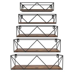 HORLIMER Wooden Shelves for Wall Set of 5, Floating Wall Shelf with Bars, Rustic Wall mounted Shelves for Bedroom Kitchen Bathroom Living Room