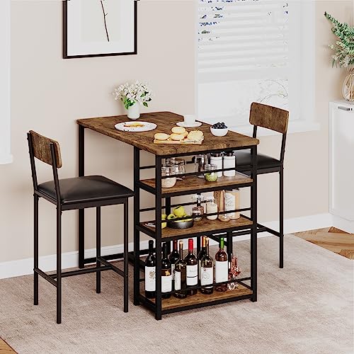 GarveeHome 3 Pieces Bar Table Set, Kitchen Table with 2 Upholstered Stools & 3 Storage Shelves, Counter Height Dining Table Set, Breakfast Dining Furniture Set for Apartments Bistros Dining Room