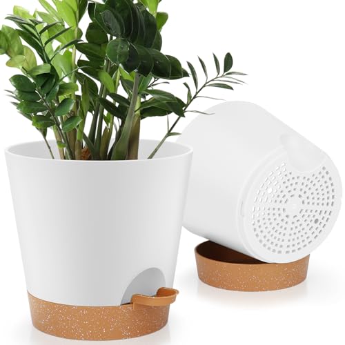 YNNICO 8 Inch Set of 2 Plant Pots Indoor Self Watering Planters with Drainage Holes and Saucers. (White)