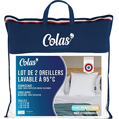Colas Normand - Set of 2 Pillows Washable at 95°C - Fluffy - 60 x 60 cm - Microfibre - Soft and Comfortable - Washable - French Made - White