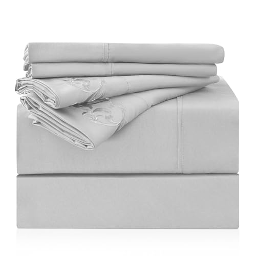 "LONAVA Full Size Sheet Set - 6 Piece Hotel Luxury Wrinkle-Free Microfiber Sheet, Oeko-TEX Certified, Breathable & Elastic, 16"" Deep Pockets, Light Gray"