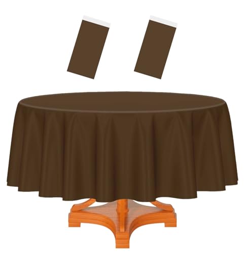 HEIPINIUYE 2 Pack Brown Round Tablecloth 84 Inch Round Plastic Table Cloth Waterproof Disposable Round Table Cover for Party Birthday Camping Picnic Baby Shower Circle Tablecloth