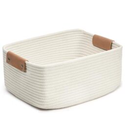 CHICVITA Rectangle Cotton Rope Woven Basket with Handles for Books, Magazines, Toys - Decorative Rectangle Basket for Baby Nursery, Living Room, Bathroom