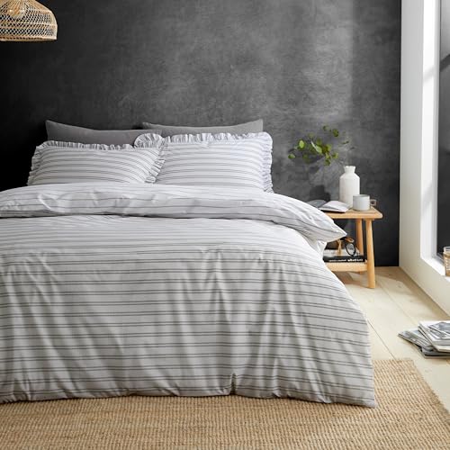 Style Sisters Frill Stripe 200 Thread Count Cotton Double Duvet Cover Set with Pillowcases Black White