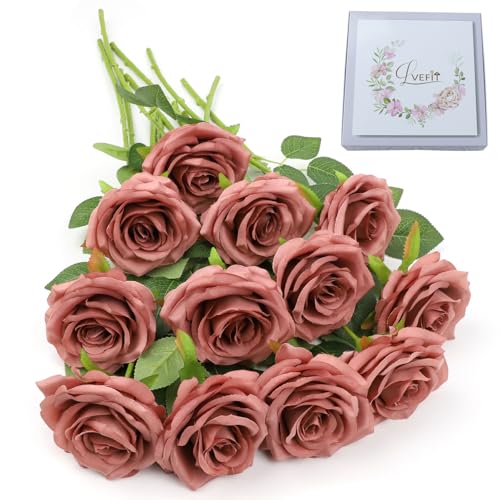 LVEFIT Artificial Rose Flower Dusty Rose Flowers Silk Flowers 12 pcs with Long Stem Silk Roses Bouquet for Wedding Bridal Shower Party Home Decoration