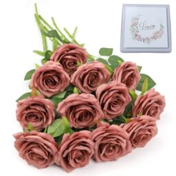 LVEFIT Artificial Rose Flower Dusty Rose Flowers Silk Flowers 12 pcs with Long Stem Silk Roses Bouquet for Wedding Bridal Shower Party Home Decoration