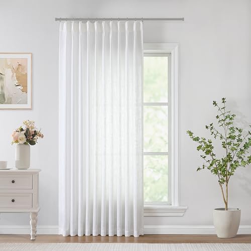 "Vision Home White Pinch Pleated Semi Sheer Curtains Textured Light Filtering Window Curtains 90 inch for Living Room Bedroom Patio Rayon Blended Pinch Pleat Drapes with Hooks 1 Panel 60"" Wx90 L"