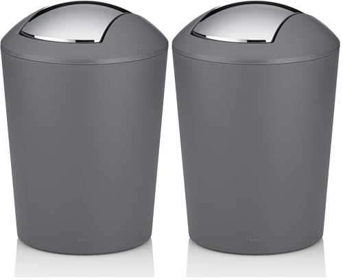 Kela cosmetic bin grey 1.7l, mini waste bin bathroom with swing lid, plastic, MARTA, small table waste bin grey matt (Pack of 2)