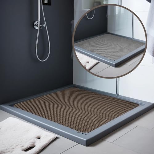 Nicoman Reversible Bath Mat Non Slip Anti Mold, Shower Mat for Tub Bathtub, Anti Slip Shower Mats for Inside Outside, Safety Washable Quick Drying Large Bath Matt (Grey/Brown, SQUARE 53x53cm)