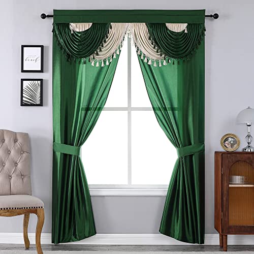 Regal Home Collections Amore Curtains 5-Piece Window Curtain Set - 54-Inch W x 84-Inch L Panels with Attached Valance and 2 Tiebacks - Green Curtains (Green)