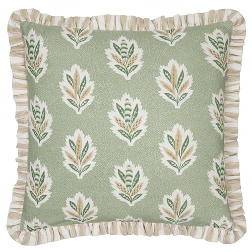 Sanderson Sessile Leaf Feather Filled Cushion – Botanical Oak Leaf Decorative Pillow with Striped Reverse and Ruffled Trim (Sage - 50x50cm)