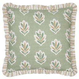 Sanderson Sessile Leaf Feather Filled Cushion – Botanical Oak Leaf Decorative Pillow with Striped Reverse and Ruffled Trim (Sage - 50x50cm)