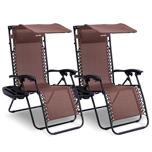 SereneLife Zero Gravity Lounge Chair, Adjustable Steel Mesh Recliners, with Canopy, Removable Pillows and Cup Holder Side Tables, Set of 2, Brown